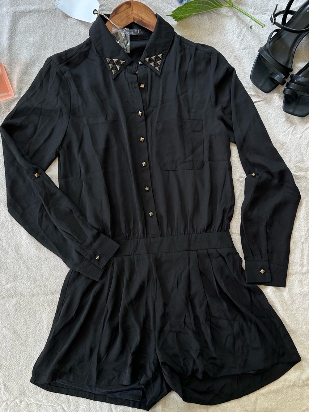 NEW Potter’s Pot Black Studded Collar Long Sleeve Edgy Goth Utility Romper